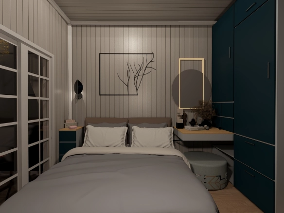 Tiny house yatak odası, çift kişilik yatak, dekoratif duvar ve gardırop