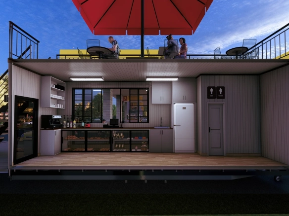 Tiny house kafe açık plan iç mekan, tezgah ve raf düzeni.