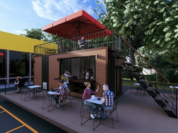 Tiny house kafe ön cephe ve müşteri oturma alanı.