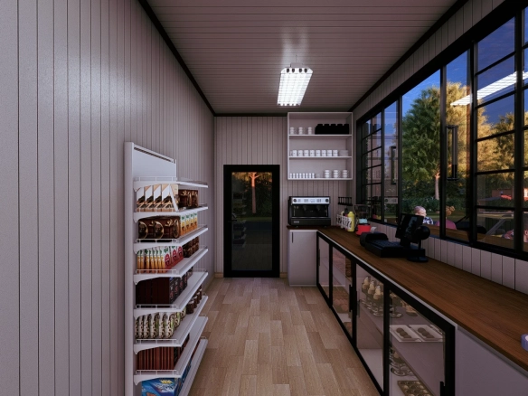 Tiny house kafe iç mekanı, raflar ve kahve hazırlama alanı.