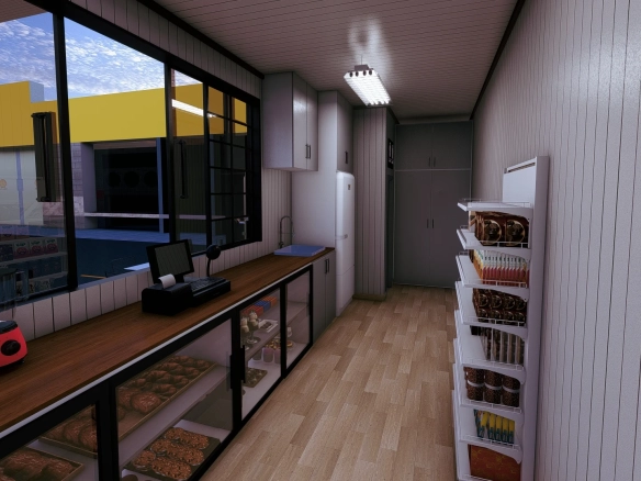 Raflar ve satış alanıyla tiny house kafe market düzeni.