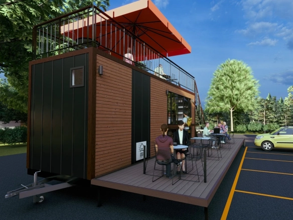 Tiny house kafe modülü yan cephe ve oturma alanı görüntüsü.