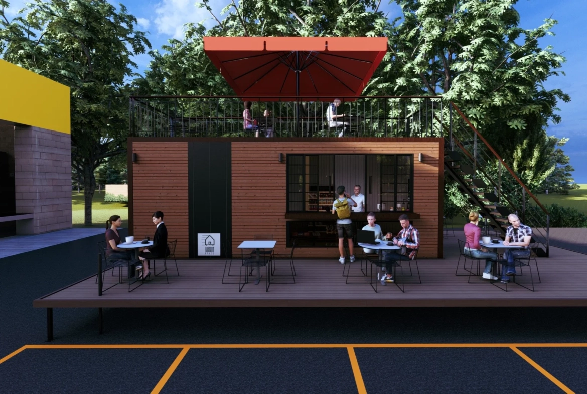 Teraslı tiny house kafe modülü, dış mekan oturma alanı ile modern tasarım.