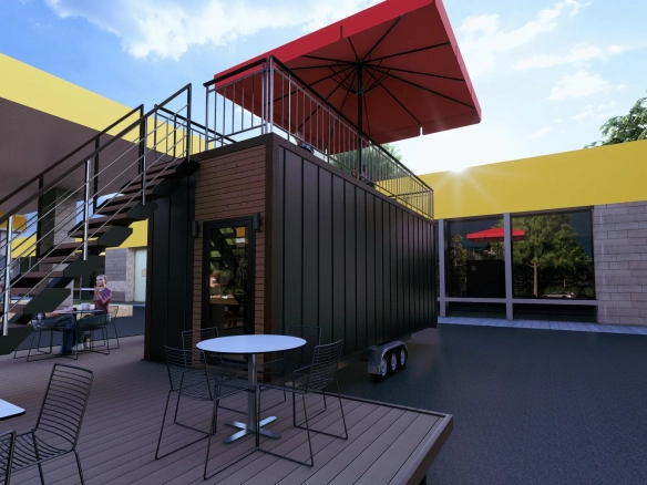 Teraslı tiny house kafe modülü, dış mekan oturma alanı ile modern tasarım.